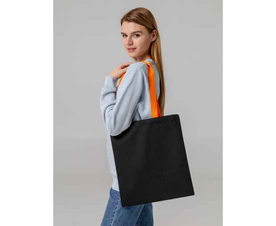 Холщовая сумка BrighTone, черная с оранжевыми ручками, Цвет: оранжевый, Размер: сумка: 35х40 см, изображение 4