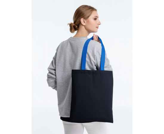 Холщовая сумка BrighTone, черная с ярко-синими ручками, Цвет: черный, синий, Размер: сумка: 35х40 см, ручки: 70х3 см, изображение 4