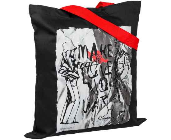 Холщовая сумка Make Love, черная с красными ручками, Цвет: красный, Размер: сумка: 35х40 см, изображение 2
