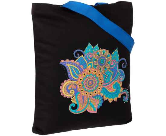 Холщовая сумка «Узор», черная с ярко-синими ручками, Цвет: синий, Размер: сумка: 35х40 см, изображение 2