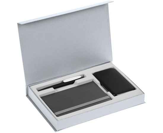 Коробка Silk с ложементом под ежедневник 10x16 см, аккумулятор и ручку, серебристая, Цвет: серебристый, изображение 3