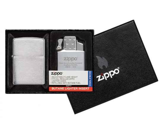 Набор ZIPPO: зажигалка 200 с покрытием Brushed Chrome и газовый вставной блок с двойным пламенем