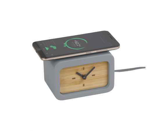 Часы 'Stonehenge' с беспроводным зарядным устройством, камень/бамбук, серый/бежевый, Цвет: серый,бежевый