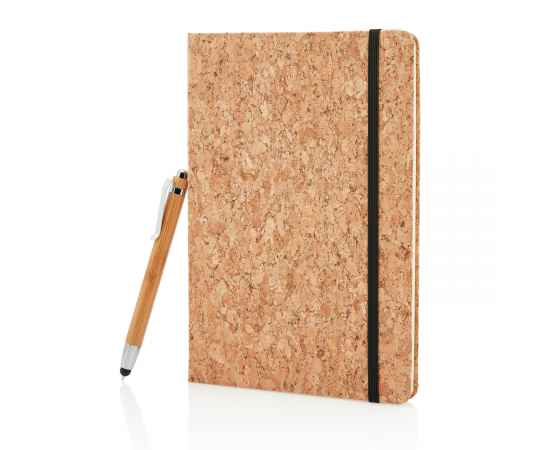 Блокнот Cork на резинке с бамбуковой ручкой-стилус, А5, коричневый,, Цвет: коричневый, Размер: Длина 21,3 см., ширина 14,2 см., высота 1,2 см.