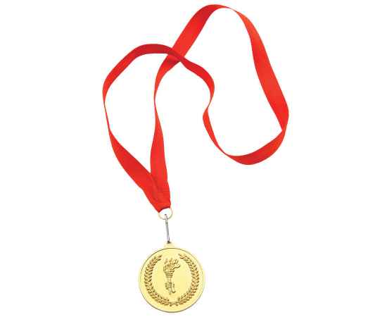 Медаль наградная на ленте  'Золото', 48 см., D=5см., текстиль, латунь, лазерная гравировка, шелкограф, Цвет: красный, золотистый