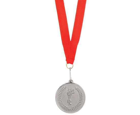 Медаль наградная на ленте  'Серебро', 48 см., D=5см., текстиль, металл, лазерная гравировка, шелкогра, Цвет: красный, серебристый