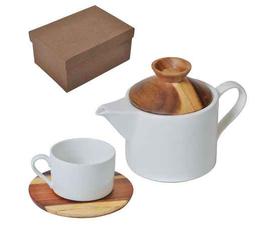 Набор 'Andrew':чайная пара и чайник в подарочной упаковке,28,5х18,5х11см,200 мл и 600 мл,фарфор,дере, Цвет: коричневый, белый