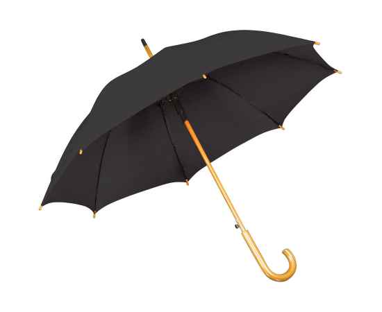 Зонт-трость с деревянной ручкой, полуавтомат, черный, D=103 см, L=90см, 100% полиэстер, Цвет: Чёрный