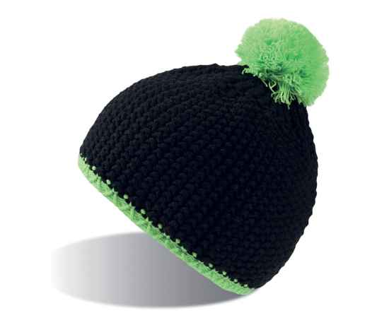 Шапка 'PEAK',  черный/зеленый неон, верх: 100% акрил, подкладка: 100% полиэстер, Цвет: Чёрный