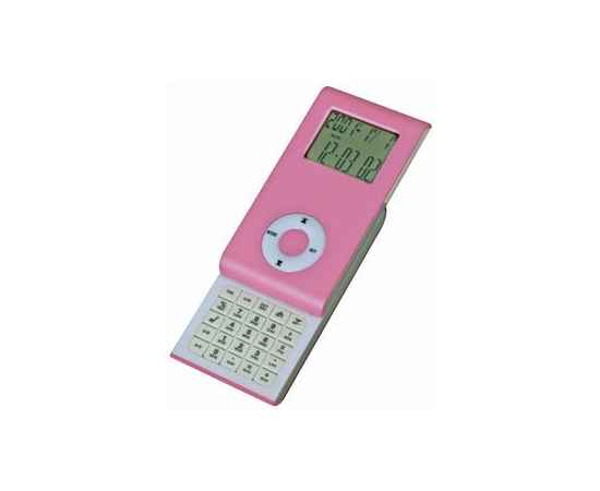 Калькулятор раздвижной с календарем и часами, розовый, 9,6х5х1,4 см, пластик, тампопечать, Цвет: розовый