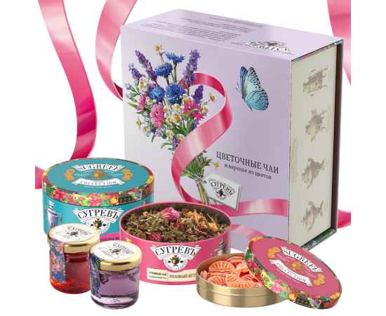 Подарочный набор 'Весенний букет' с вареньем и цветочным чаем, Цвет: разные цвета, Размер: 15 х 15 х 6,5 см