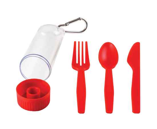 Набор 'Pocket':ложка,вилка,нож в футляре с карабином, красный, 4,2х15см,пластик, Цвет: красный