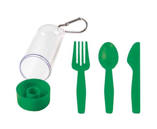 Набор 'Pocket':ложка,вилка,нож в футляре с карабином, зеленый, 4,2х15см,пластик, Цвет: зеленый
