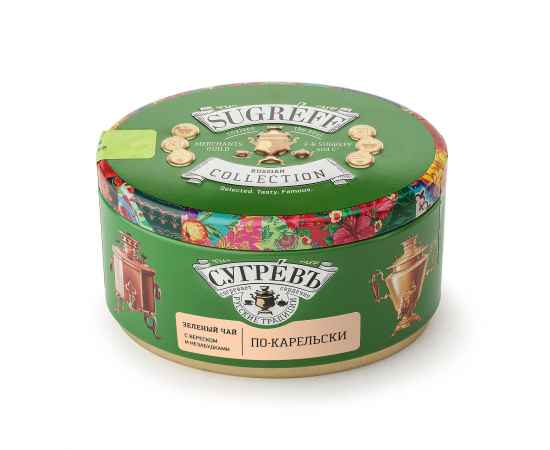 Чай Сугревъ в жестянной банке По-карельски  с натуральными малиновыми леденцами, Цвет: зеленый