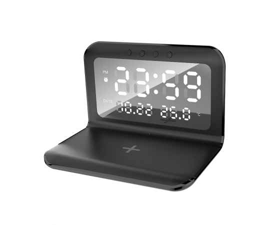 Настольные часы 'Smart Time' с беспроводным (15W) зарядным устройством, будильником и термометром, со съёмным дисплеем, черный, Цвет: черный