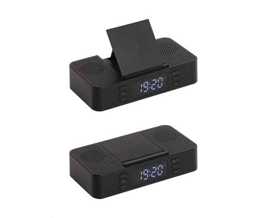 Настольные часы 'Smart Box' с bluetooth колонкой (2х3Вт), беспроводным (15W) зарядным устройством и складной подставкой под смартфон, черный, Цвет: черный