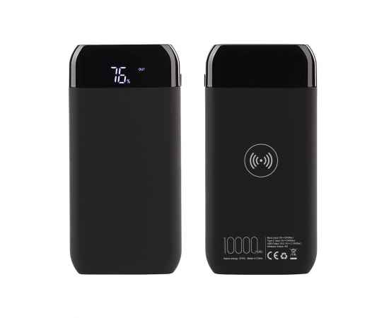 Беспроводное зарядное устройство 'ShineMax SOFTTOUCH', 10000 mAh с подсветкой логотипа и цифровым индикатором заряда, черный, Цвет: черный