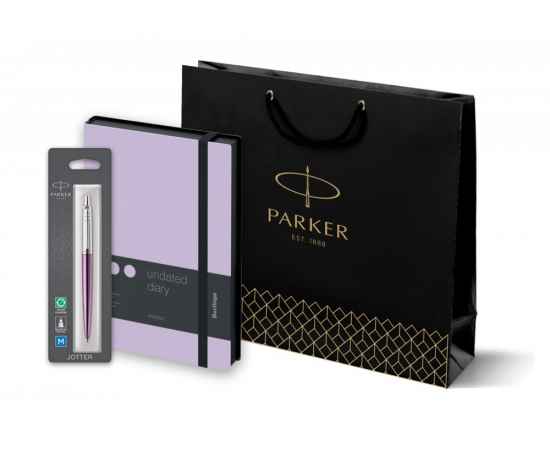 Подарочный набор: Шариковая ручка Parker 'Jotter Victoria Violet Chrome CT' и Ежедневник недатир., черный/лаванда, с резинкой