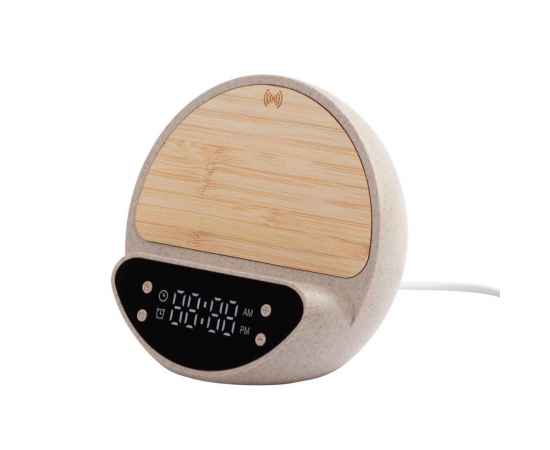 Настольные часы 'Smiley' с беспроводным (10W) зарядным устройством и будильником, пшеница/бамбук/пластик, бежевый