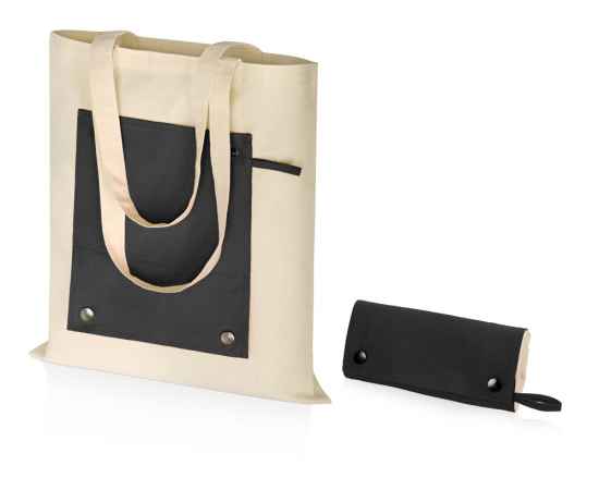 Складная хлопковая сумка для шопинга Gross с карманом, 180 г/м2, 955157, Цвет: черный,натуральный