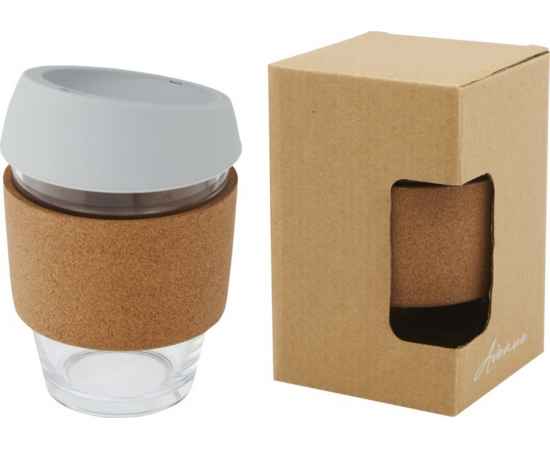 Стеклянный стакан с силиконовой крышкой и пробковой манжетой Lidan, 10066582, Цвет: серый,прозрачный,натуральный, Объем: 360